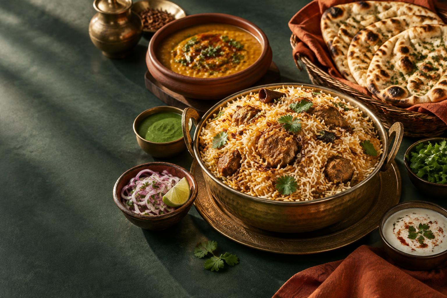 A colourful selection of Indian dishes served for sharing