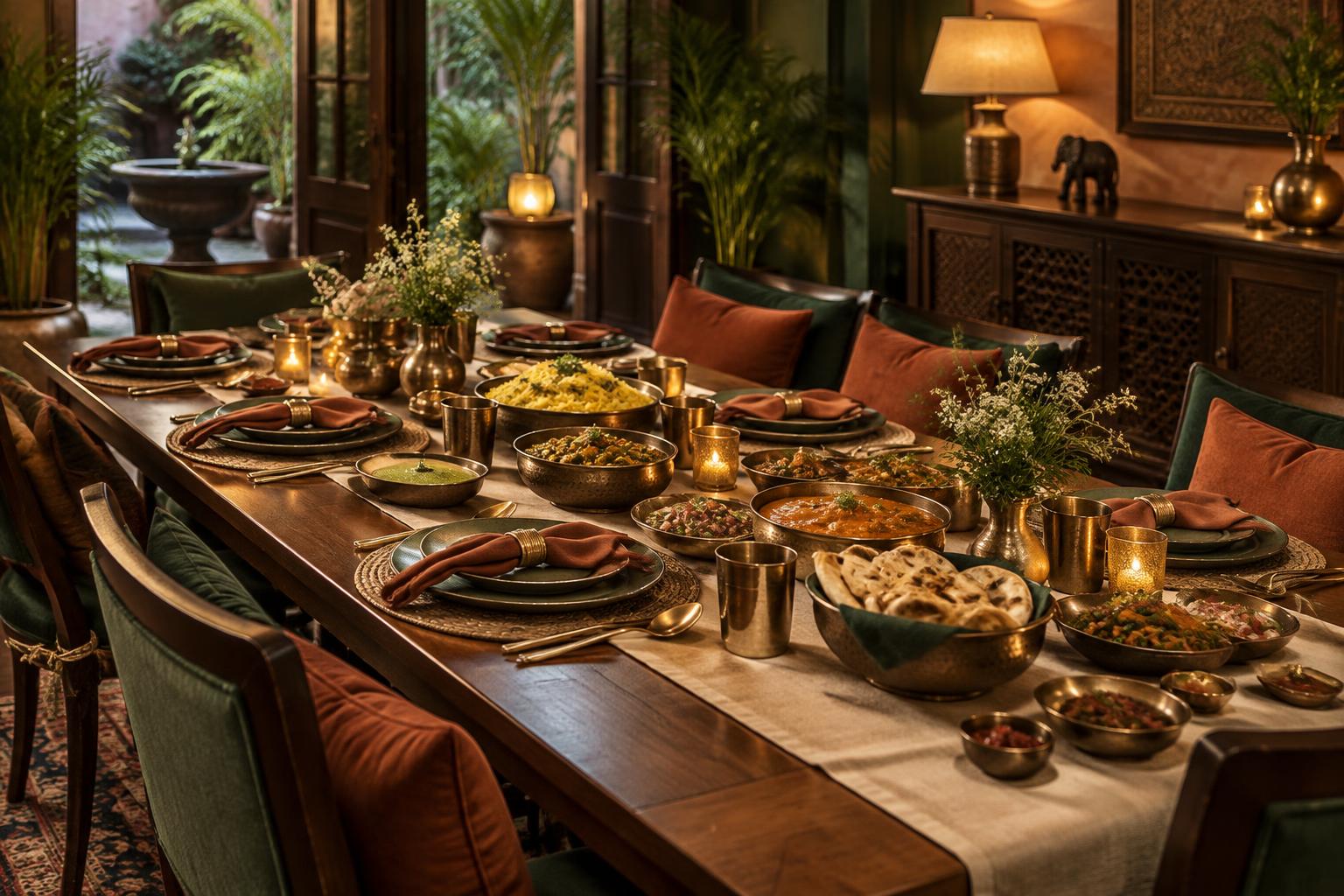 A generous Indian meal laid out on a long shared table