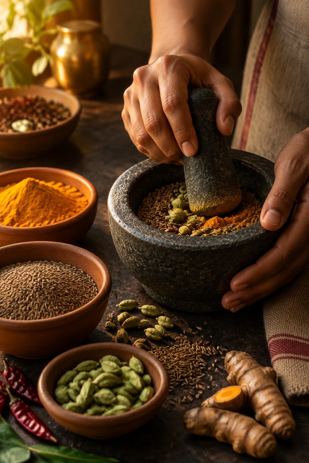Spices being worked in a stone mortar